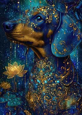 Ornate Dachshund with Lotus Flowers