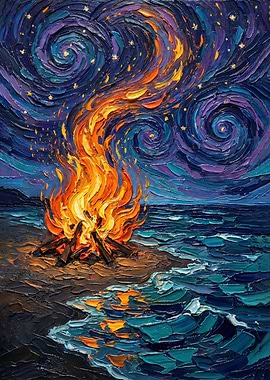Beach Bonfire Under Starry Night Painting
