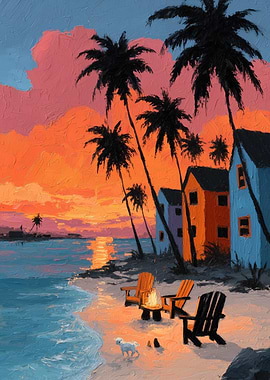 Beach Sunset with Palm Trees Painting
