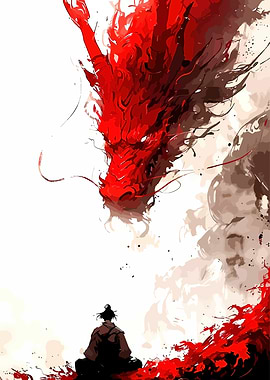 Red Dragon and Meditating Figure