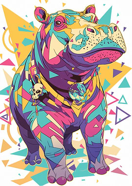 Colorful Hippopotamus with Geometric Background