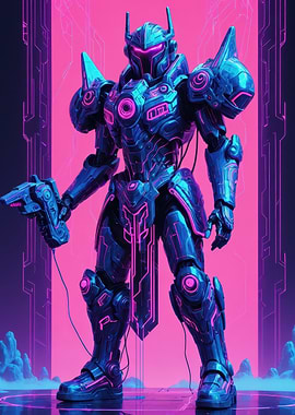 Vaporwave Mech Warrior — Neon Cybernetic Armor Illustration