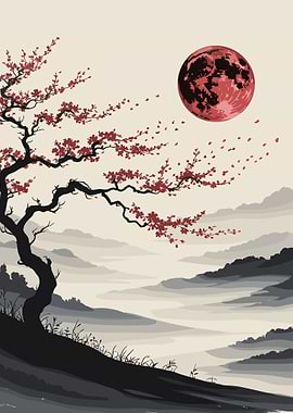 Cherry Blossom Japanese Mountain Red Moon