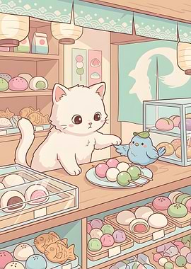 Cat and Bird at Japanese Sweets Shop