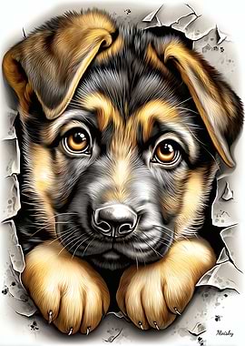 German Shepherd Puppy Breaking Through Wall