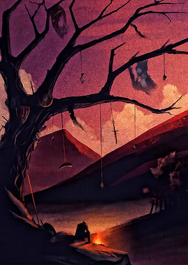 Eerie Tree with Hanging Objects