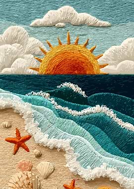 Embroidered Beach Scene with Sun