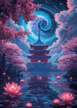 Japanese Temple with Cherry Blossoms