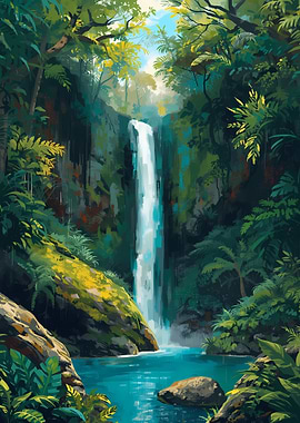 Tropical Waterfall in Lush Greenery