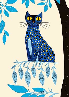 Stylized Blue Cat in Tree