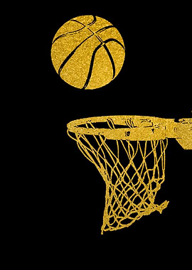 Golden Basketball and Hoop on Black