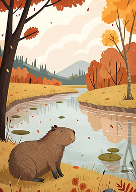 Capybara in Autumn Landscape Illustration