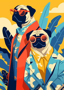 Two Pugs Cool Fashion Illustration