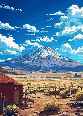 Anime Style Mountain Landscape with Building