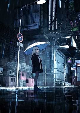 Rainy Cityscape with Anime Girl