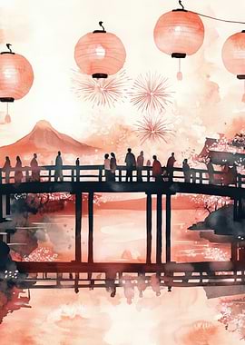 Japanese Bridge with Lanterns and Fireworks