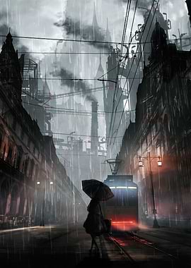 Rainy Cityscape with Tram and Figure