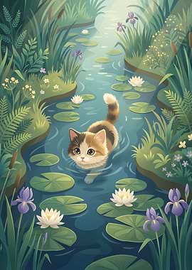 Calico Cat in Lily Pond