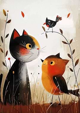 Cat and Birds Watercolor Illustration
