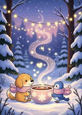 Winter Warmth: Dog, Bird, and Cocoa