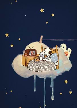 Dog in Bed on Cloud at Night