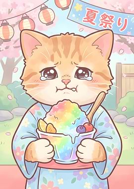 Crying Cat with Rainbow Shaved Ice