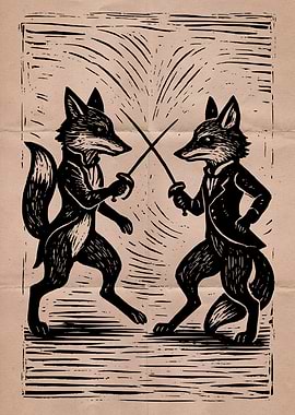 Foxes Fencing Woodcut