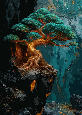 Golden Bonsai Tree on Rocky Cliff