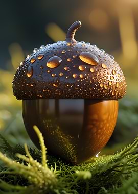 Acorn with Water Droplets on Moss