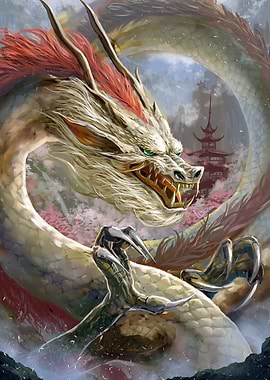 Asian Dragon with Temple Background