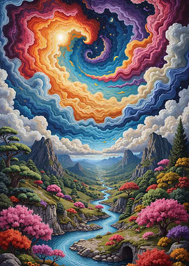 Colorful Landscape with Swirling Sky