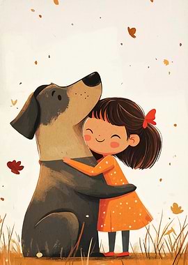 Girl hugging dog in autumn illustration