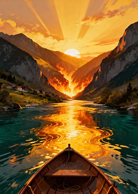 Boat ride at sunset in mountains
