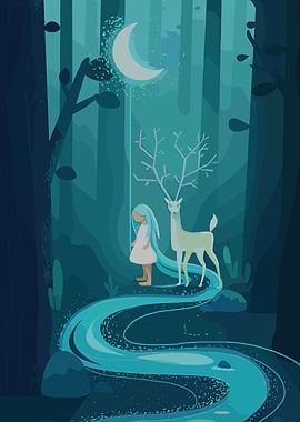 Pixel Art: Girl, Deer, and Moonlit Stream