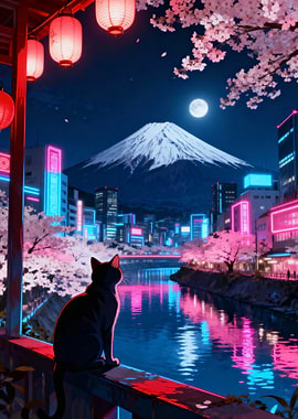 Neon Cityscape with Cat and Fuji