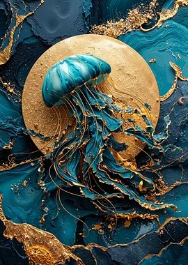 Teal Jellyfish with Golden Accents
