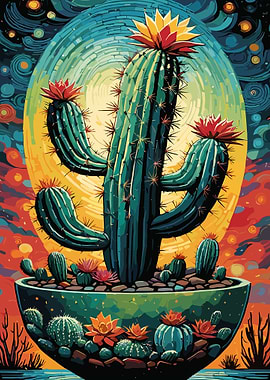 Blooming Cactus in Desert Night