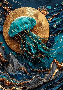 Teal Jellyfish with Golden Accents