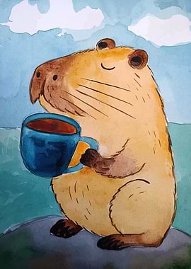 Capybara with Coffee Watercolor Painting