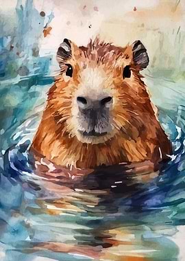 Capybara in Water Watercolor Painting
