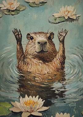 Whimsical Beaver in Lily Pond Painting