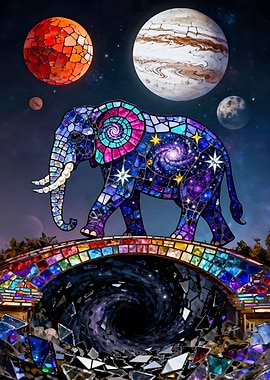 Cosmic Stained Glass Elephant Walking On Celestial Bridge