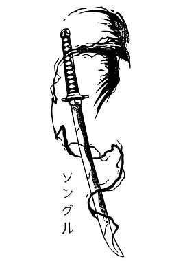 Katana and Raven Black and White Art