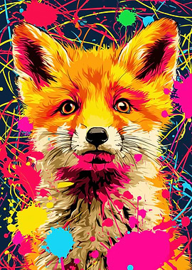 Colorful Fox Portrait with Paint Splatters