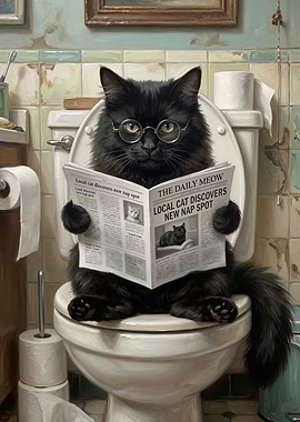 Cat Reading Newspaper on Toilet