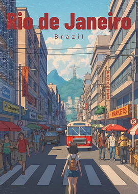 Anime Girl Gazing at Christ the Redeemer in Pastel Vintage Style