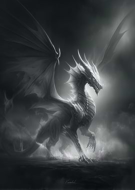 Monochrome Dragon in Misty Landscape