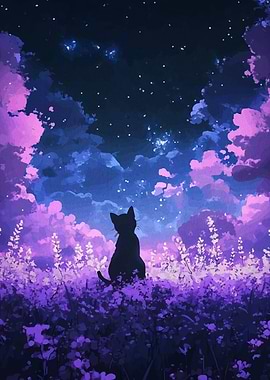 Silhouette Cat in Lavender Field