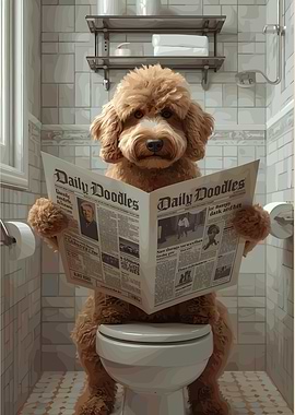 Dog reading newspaper on toilet