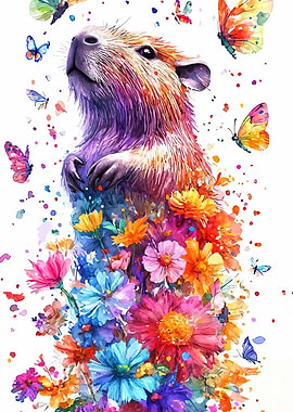 Capybara with Flowers and Butterflies